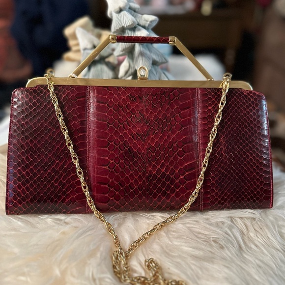 Handbags - Elegant Red Snakeskin Clutch with Gold Chain